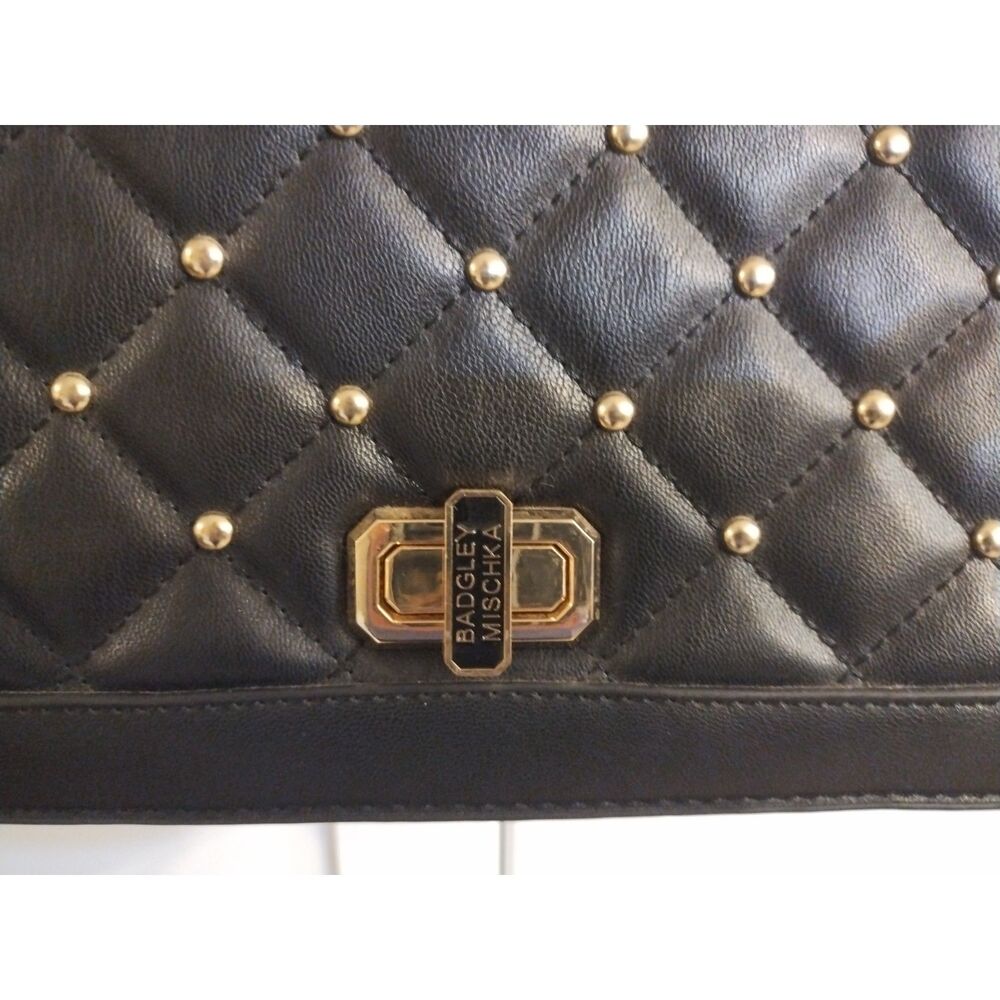 Badgley Mischka Vegan Leather Black Crossbody Purse Gold Chain Studded Punk - Picture 6 of 7